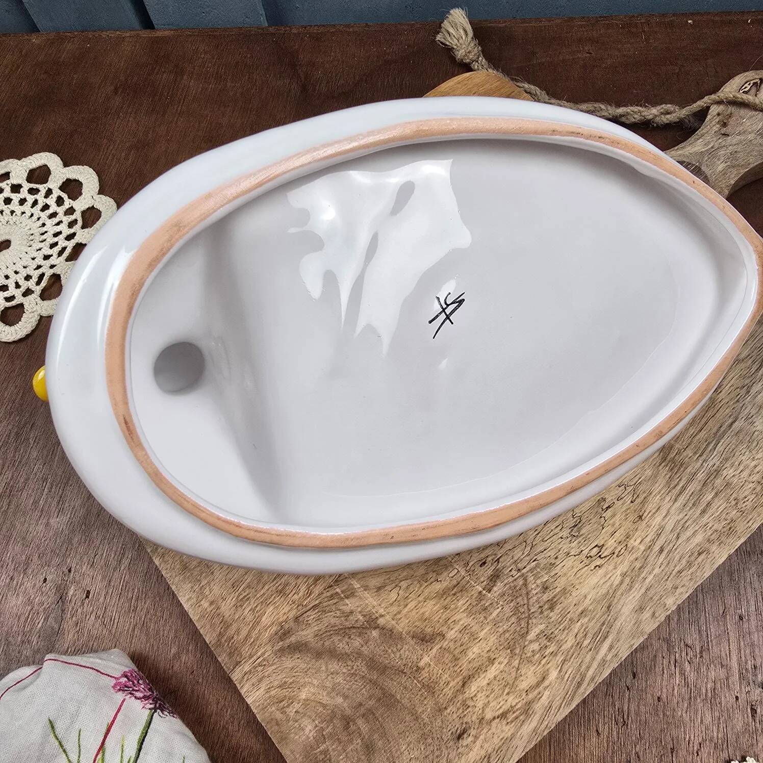 Plat à foie gras en céramique – décor bleu et blanc, forme canard