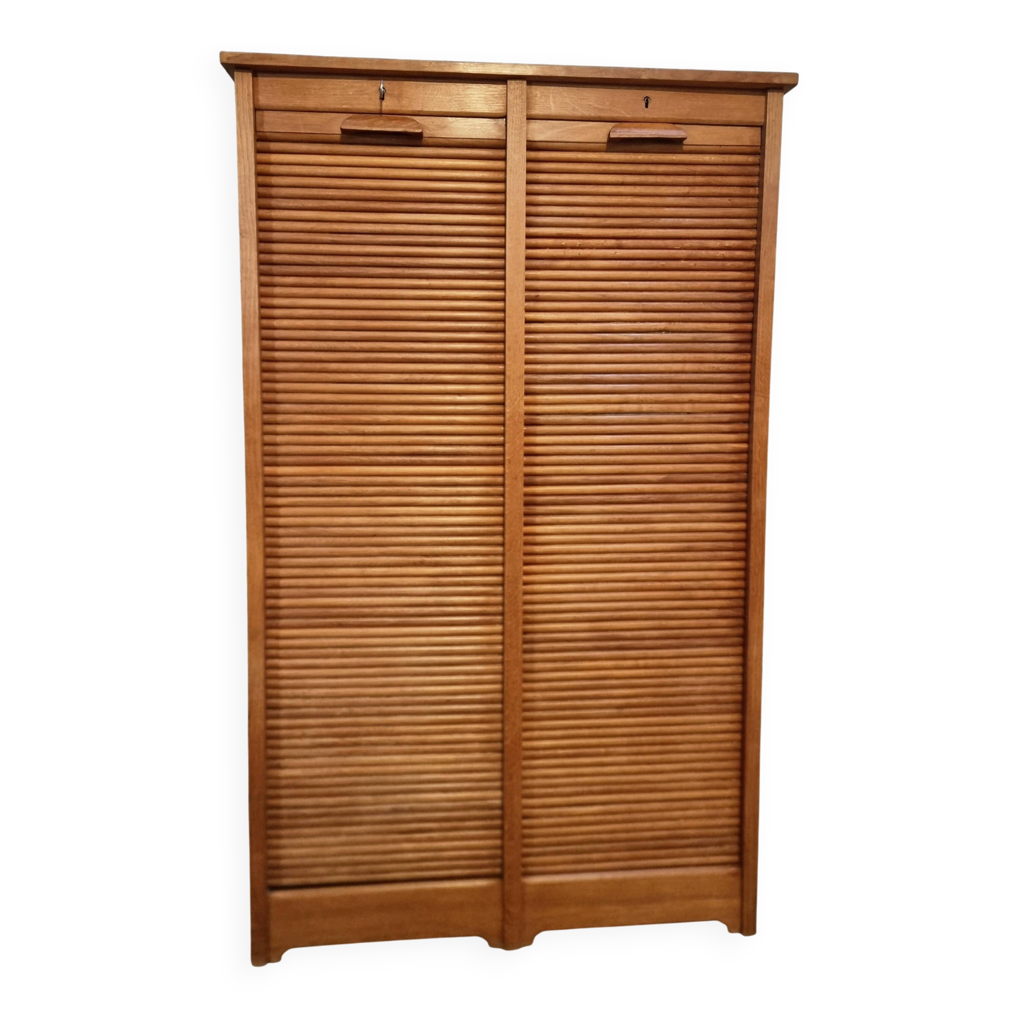 Armoire à rideaux vintage en chêne français – années 1960 – rangement de bureau avec étagères réglables