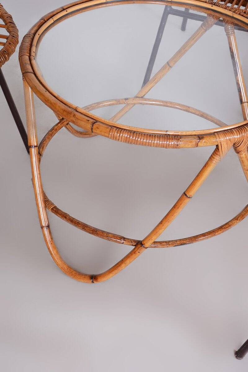 Art Deco Seating Set in Rattan & Steel attributed to Alan Fuchs, 1940s, Set of 4