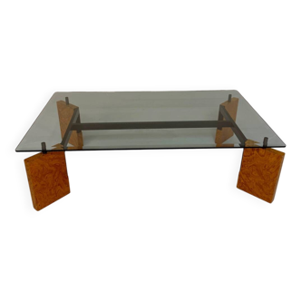 Old coffee table in glass and magnifying glass, French design Paul Michel, year 70