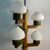 Midcentury Scandinavian wood and opaline glass hanging pendant