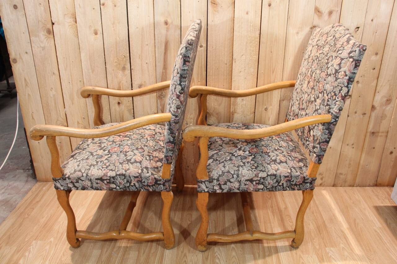 Pair of Louis XIII Style Armchairs in Sheep Bone, Needlepoint Tapestry