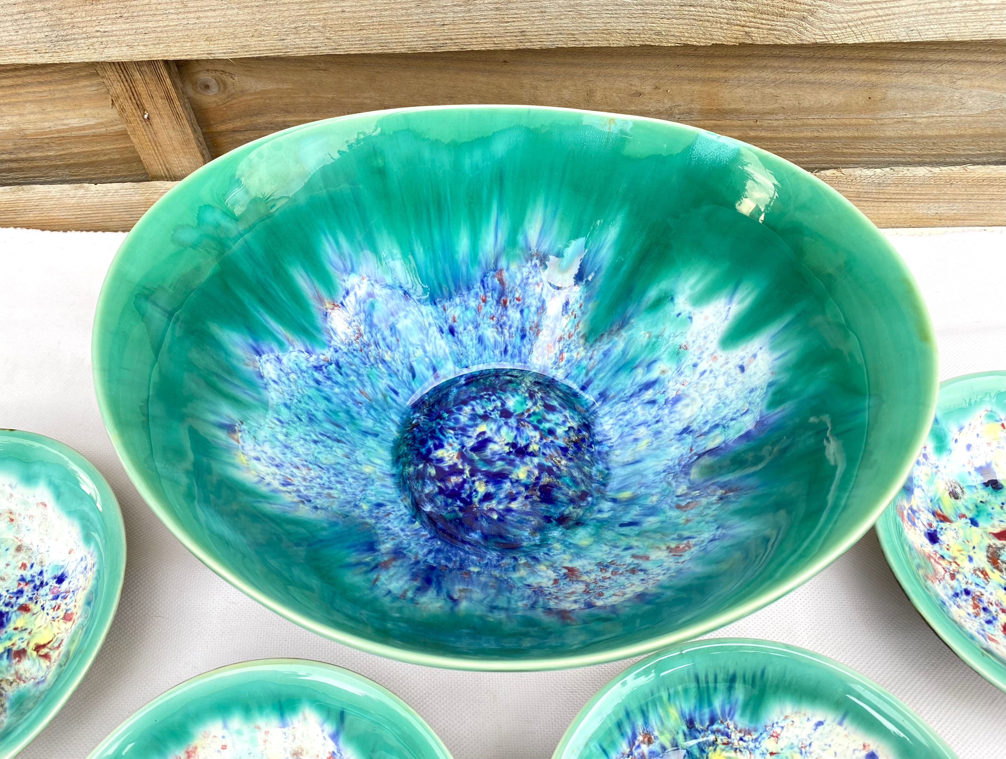 Salad bowl dessert service & 8 ramekins sandstone from the vintage Morvan 70s