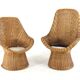 Set of 2 vintage rattan wicker armchairs with white teddy fabric