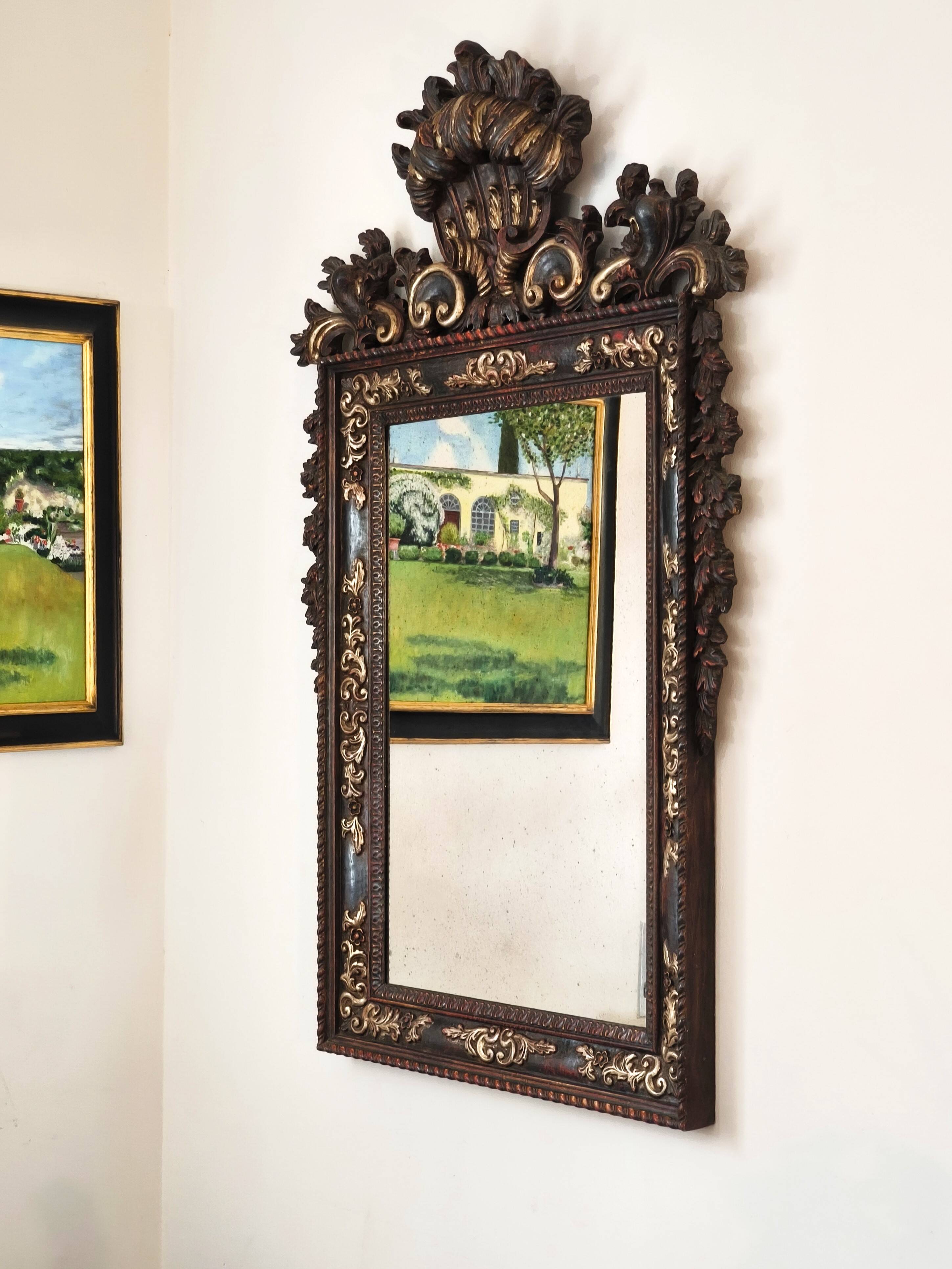 Grande Miroir Italien Sculpté, Bois Doré et Patiné, Style Baroque Rococo, A