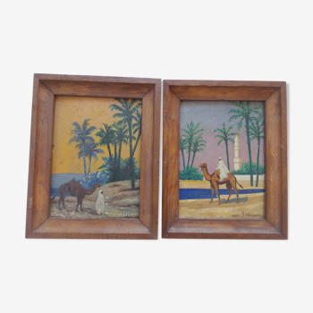 Lot of 2 paintings painted oil orientalist signed gaston wahart 1950, bedouin dromedary oasis