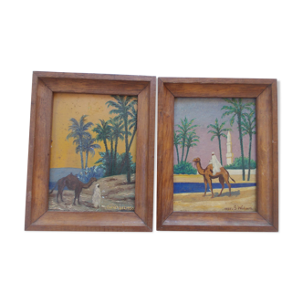 Lot of 2 paintings painted oil orientalist signed gaston wahart 1950, bedouin dromedary oasis