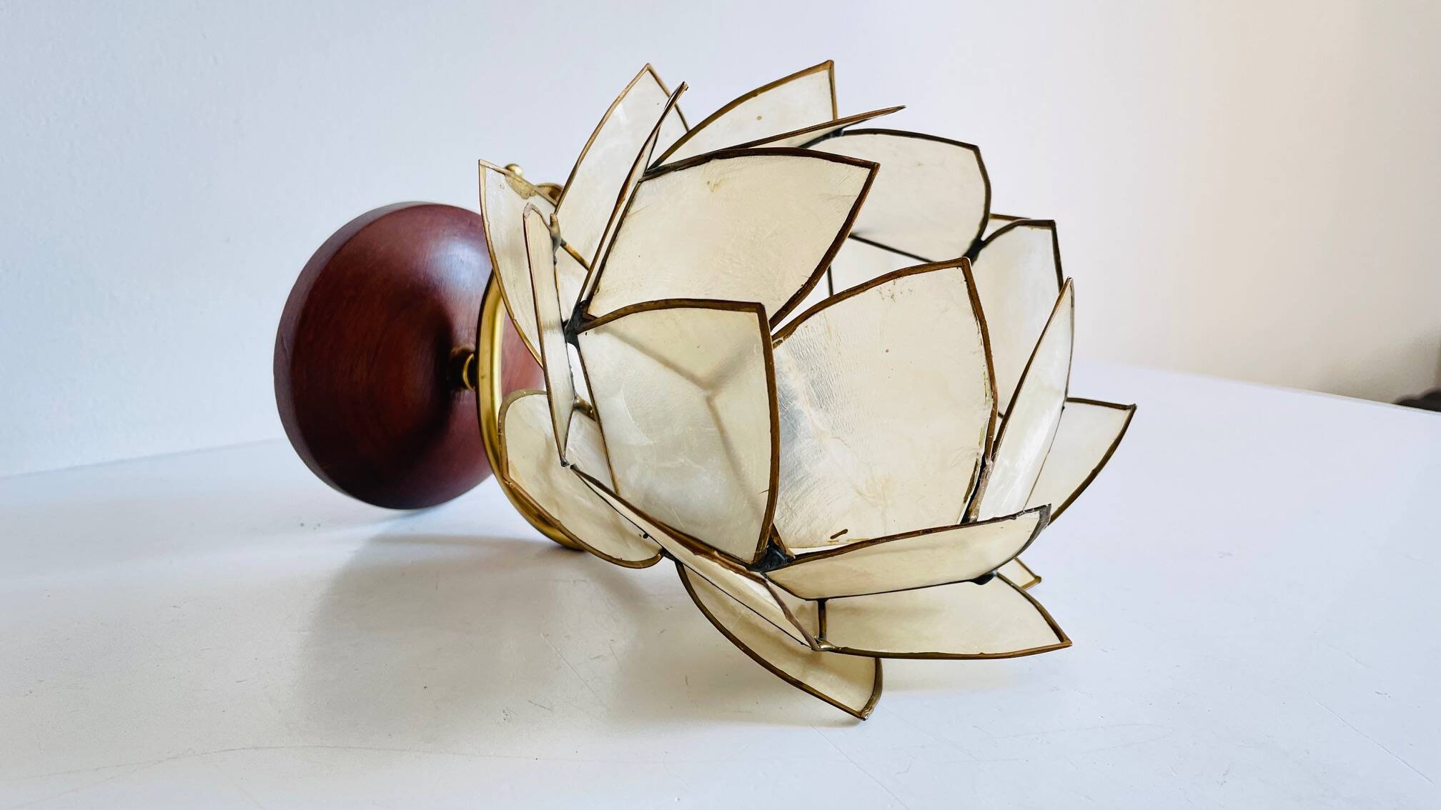 Vintage mother-of-pearl and brass flower wall lamp