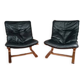 2 Kengu leather armchairs by Elsa & Nordahl Solheim for Rybo Rykken Norway vintage Scandinavian design leather armchairs 60s 70s
