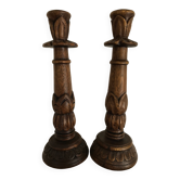 Pair of candle holders candle holders in carved wood 32 cm