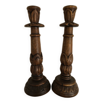 Pair of candle holders candle holders in carved wood 32 cm