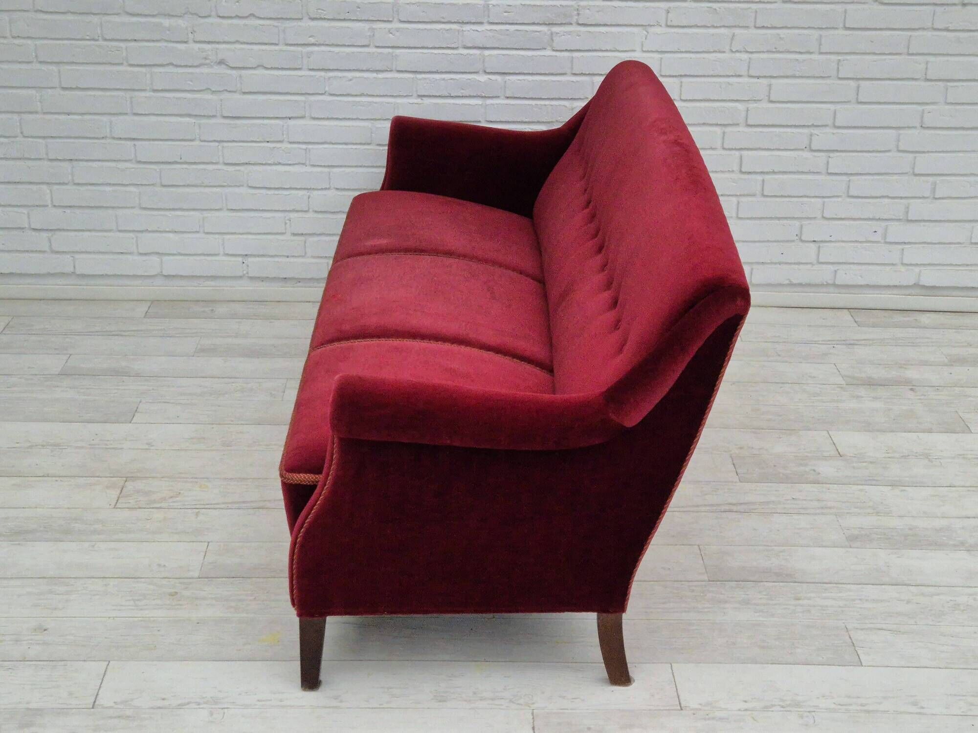 1960s, Danish 3 seater sofa, original good condition, furniture velour, beech wood .