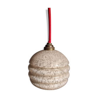 Vintage strolling suspension in pink Clichy glass and woven cotton electric wire
