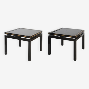 Pair of coffee tables in black lacquered metal with gilded brass threads by Pierre Vandel