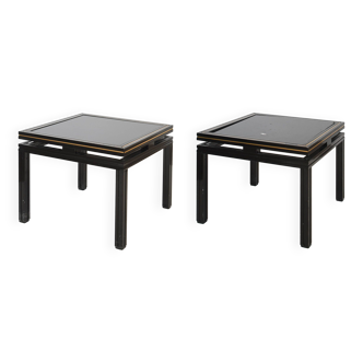 Pair of coffee tables in black lacquered metal with gilded brass threads by Pierre Vandel