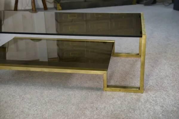 Designer coffee table with brass structure and black smoked glass, 1970s