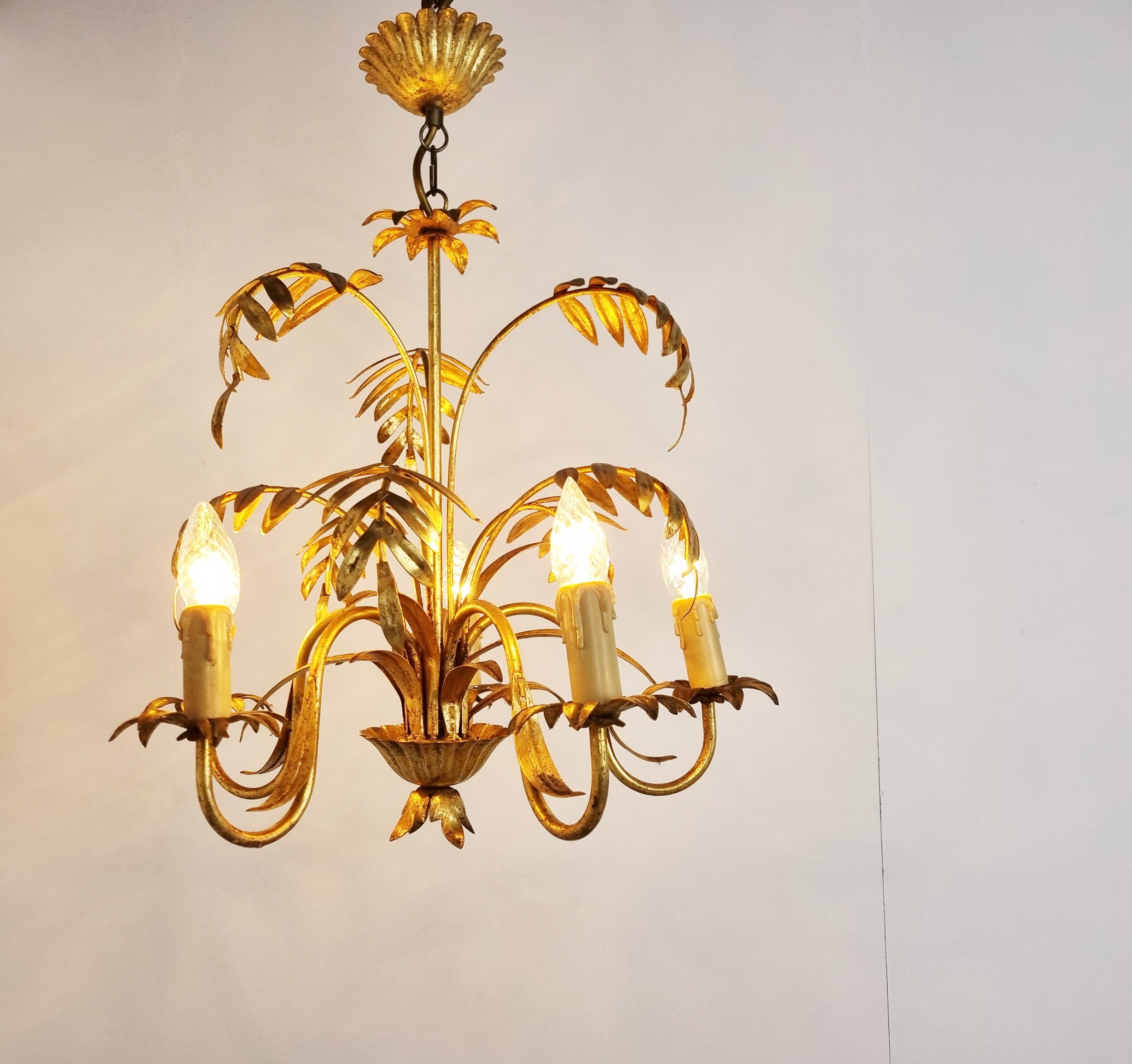Vintage gilt metal palm chandelier, 1960s
