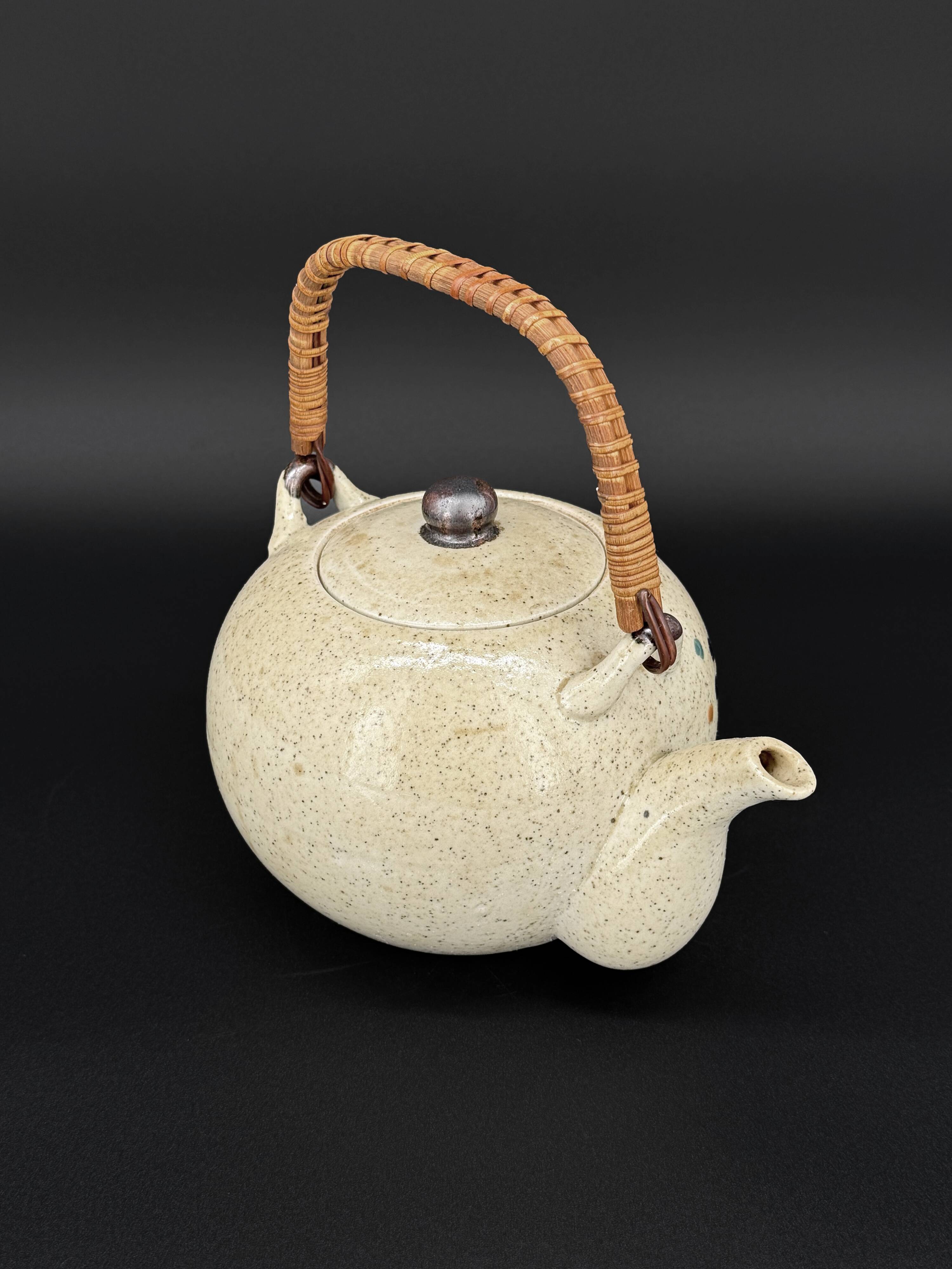Vintage Japanese speckled stoneware teapot with bamboo handle