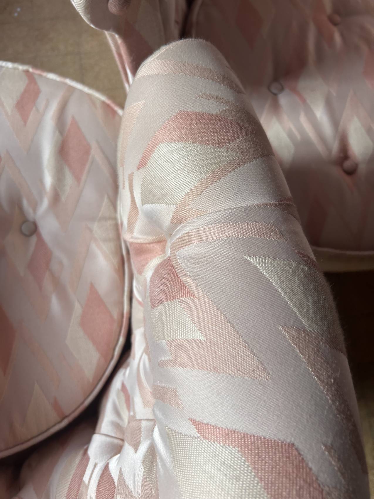 Pair of Hollywood Regency style cabriolet armchairs in satin pink, 1970s.