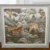 Important Indochinese silk embroidered hanging, Deer in the forest, circa 1940