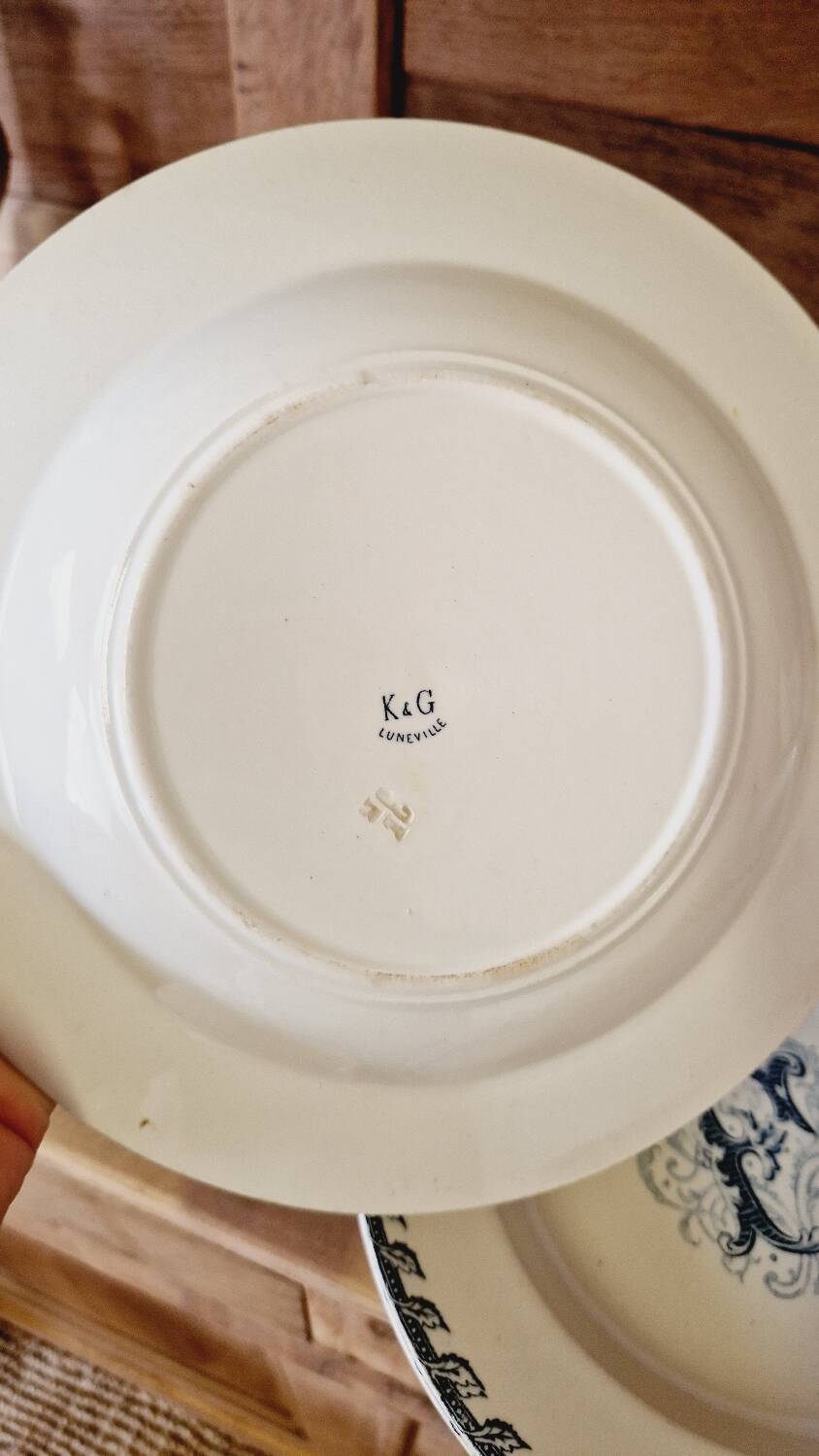 12 Luneville K&G soup plates, letter F