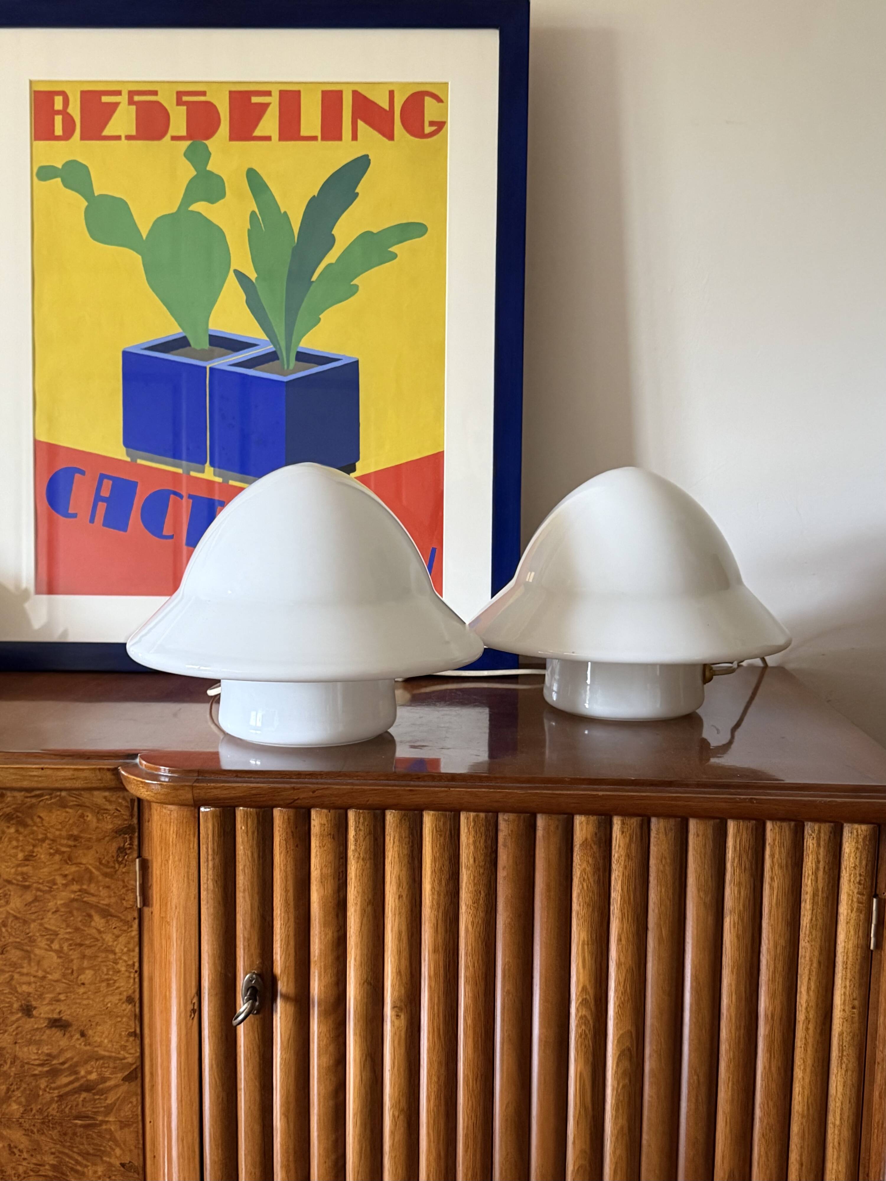 Space age Set of 2 opaline glass table Lamps, Italy 1970s