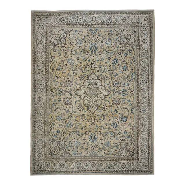 1960s Vintage Persian Handmade Wool Cotton Beige Area Rug 292x395