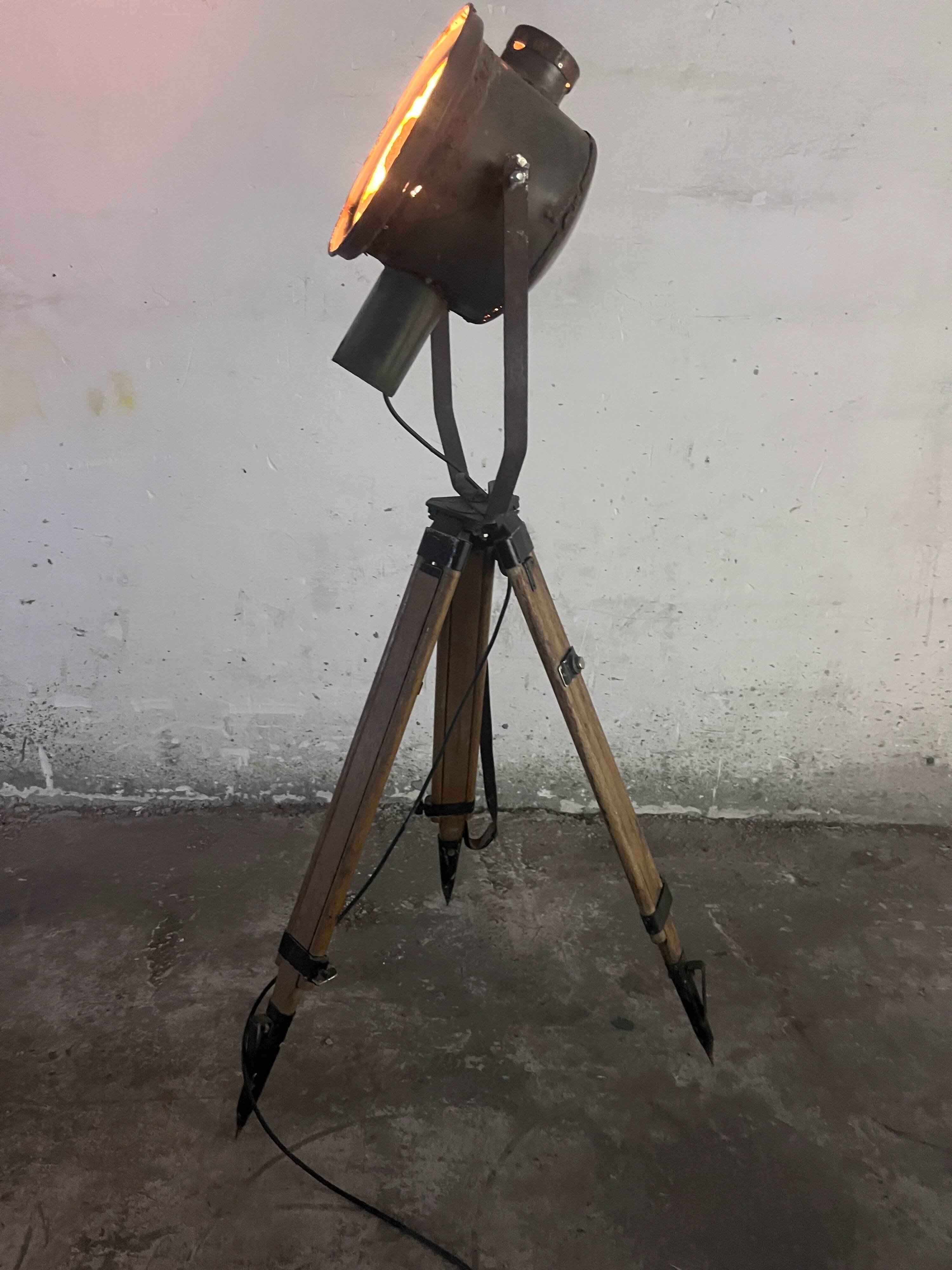 Industrial spotlight floor lamp on tripod PZO STG 4, Poland, 1970s