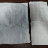 Drap ancien brodé parure deux taies lin 235 X 305 cm monogramme NC