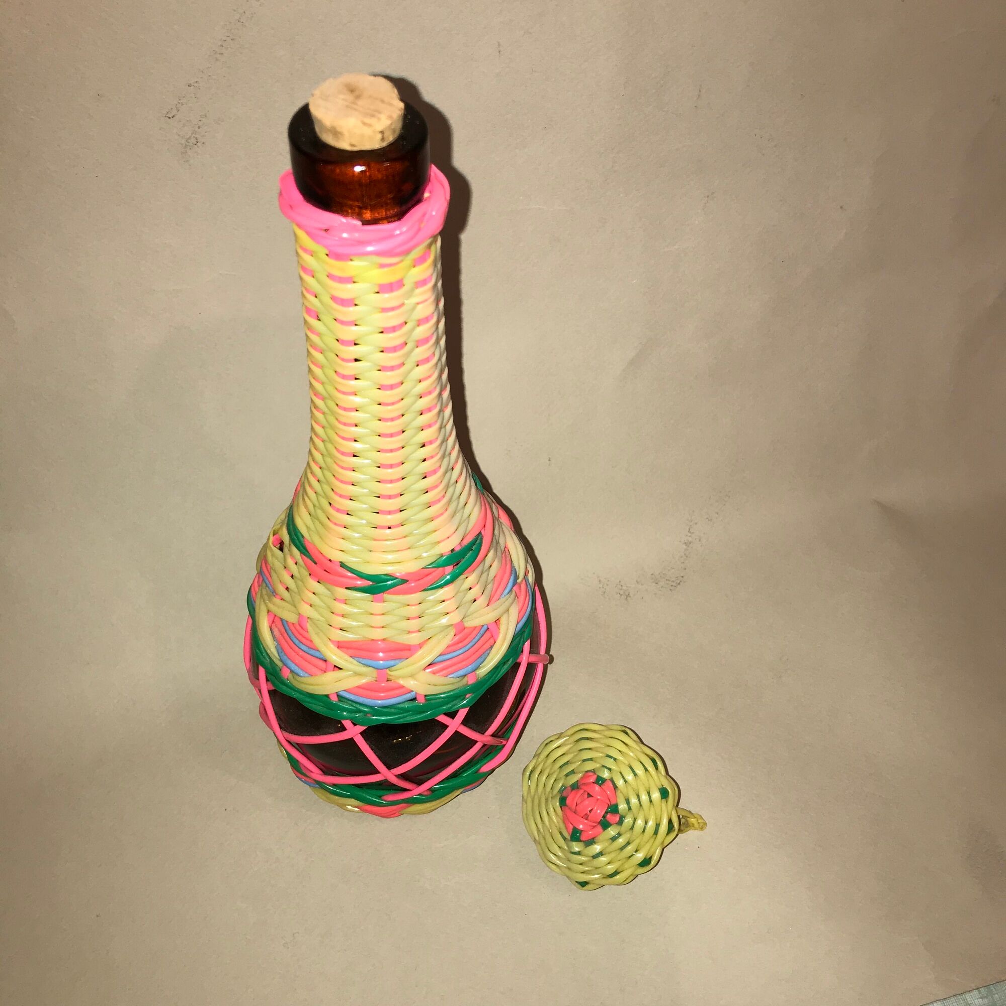 60s scoubidou bottle pink yellow green blue and smoky glass 27 cm