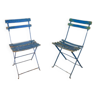 Paire de chaises de jardin patine bleue
