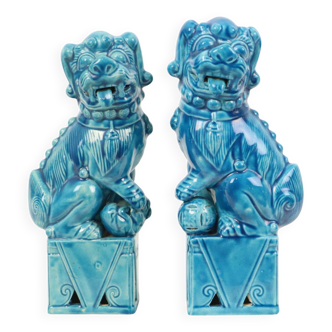 Large Couple Foo Dogs Temple Lions Turquoise Ceramic 25cm