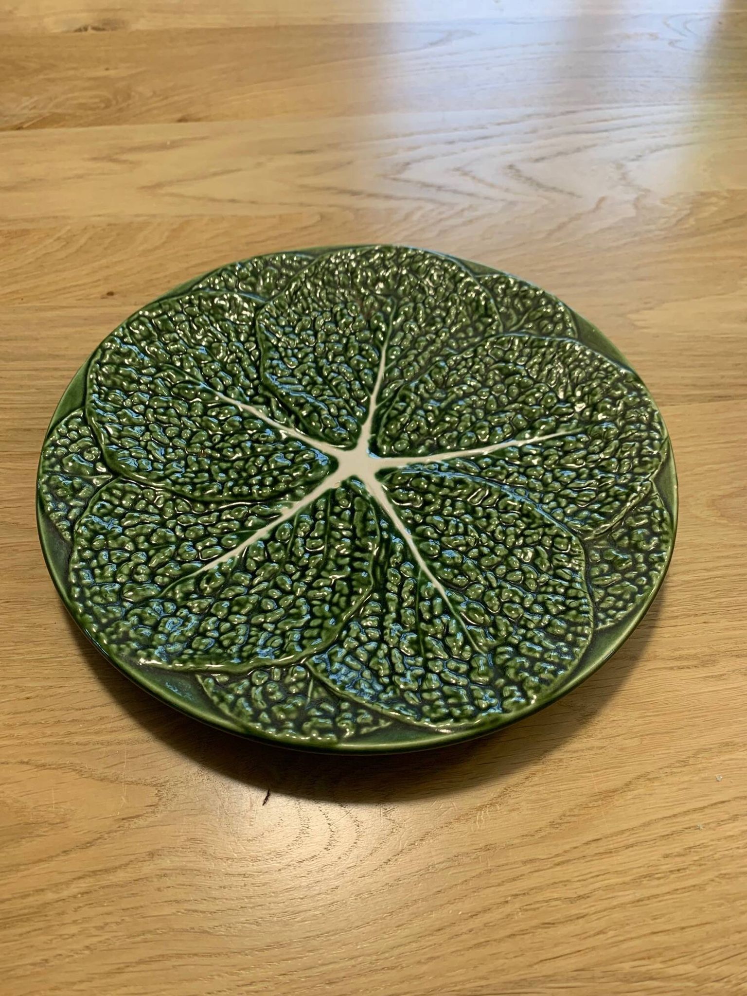 Vintage barbotine dish in the shape of a green cabbage leaf, Portugal