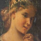 Oil on canvas portrait of young girl with plant crown 19th century