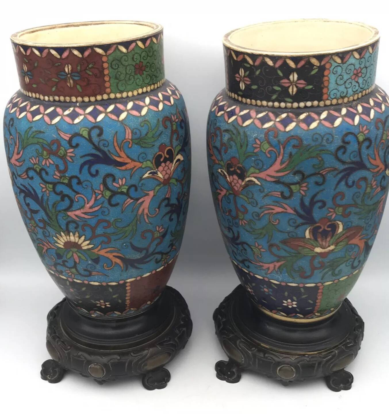 PAIR of Cloisonné Ceramic VASES, Floral Decoration, Bronze Base