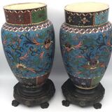 PAIR of Cloisonné Ceramic VASES, Floral Decoration, Bronze Base