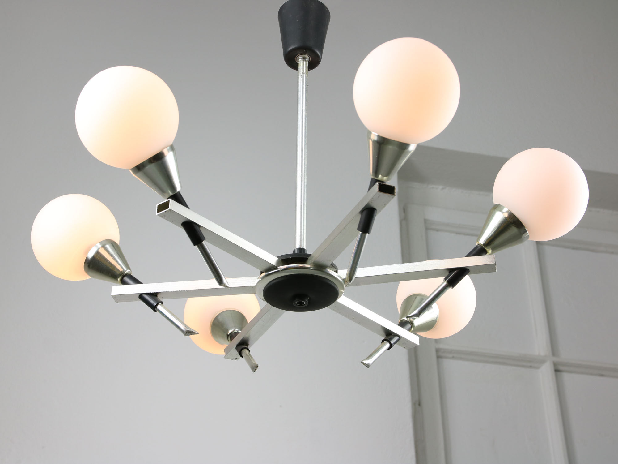 Italian Space-age Aluminum and Opaline Glass Chandelier