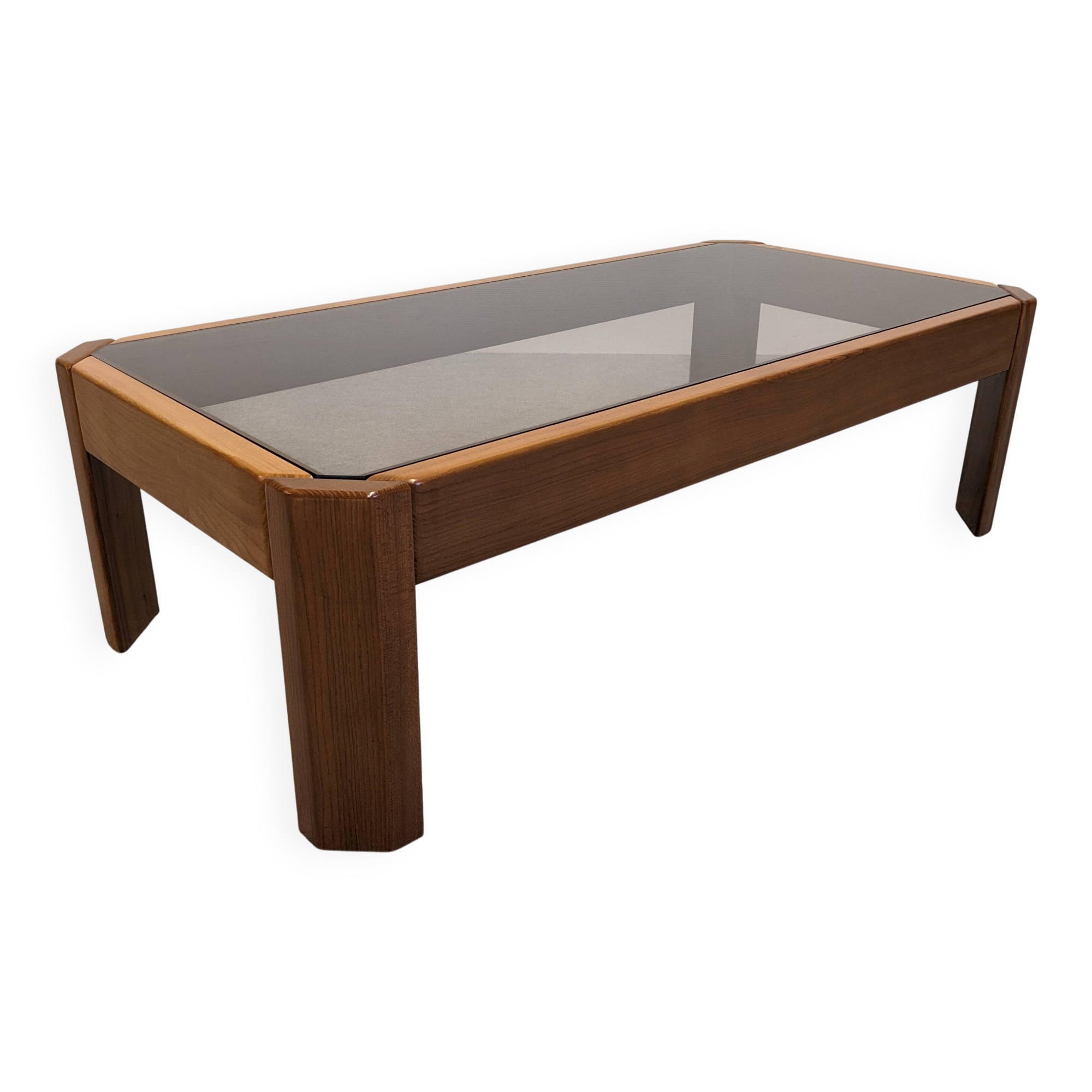Modernist coffee table in elm and smoked glass, Italy circa 1970.