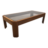 Table basse moderniste en orme et verre fumé, Italie vers 1970