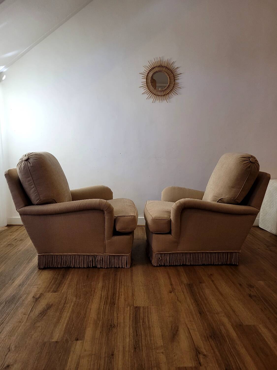 Vintage beige armchairs with fringes