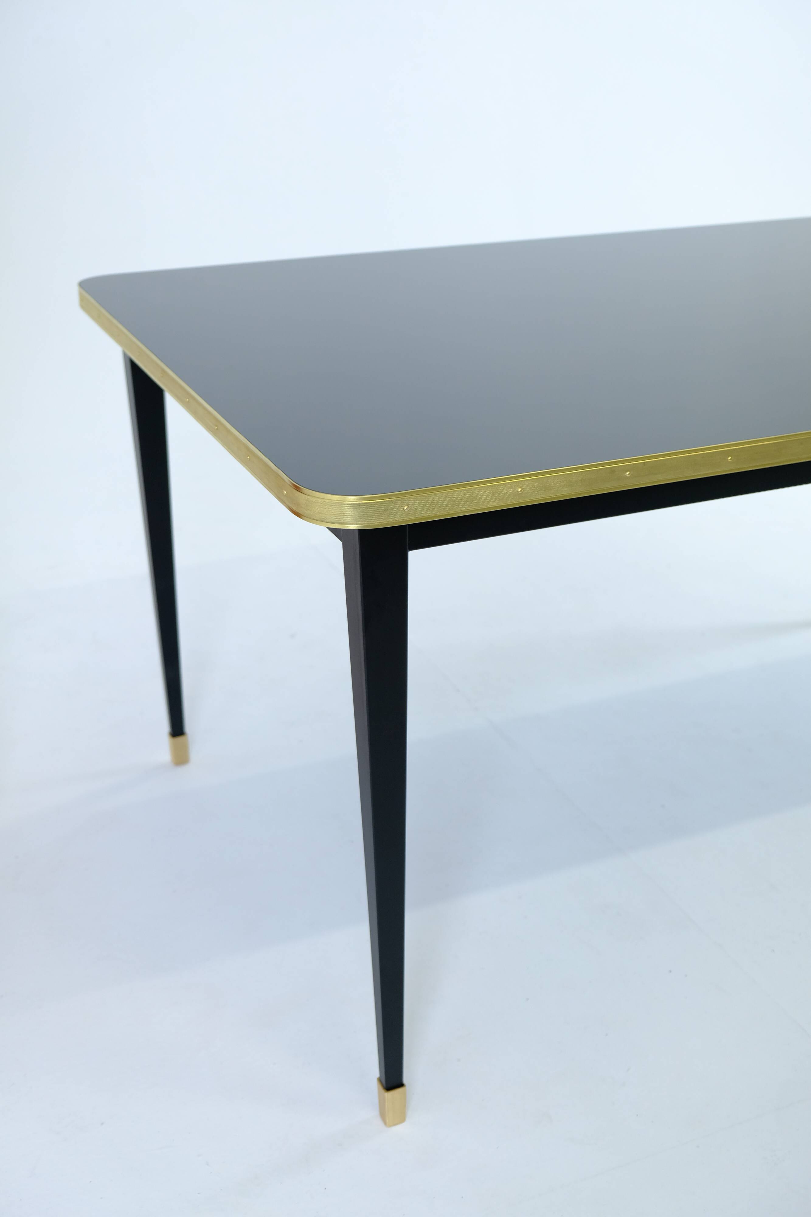 Dining Table, High Gloss Laminate, Brass, Tapered Legs, Navy Blue - L