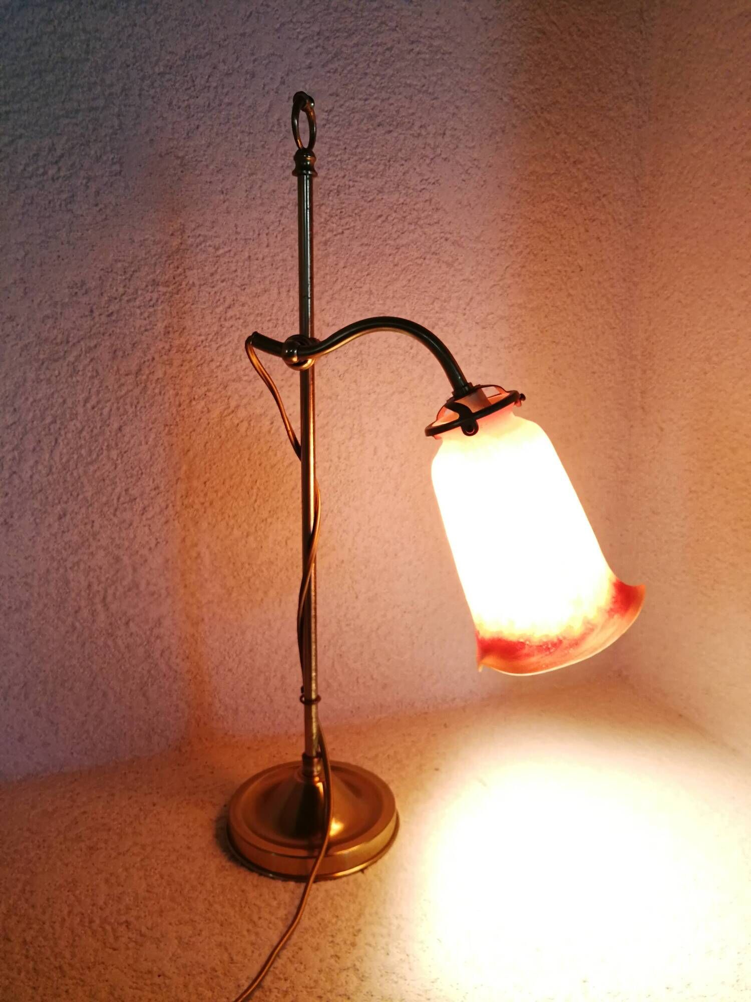Orange glass paste tulip lamp, art nouveau swan neck, art deco