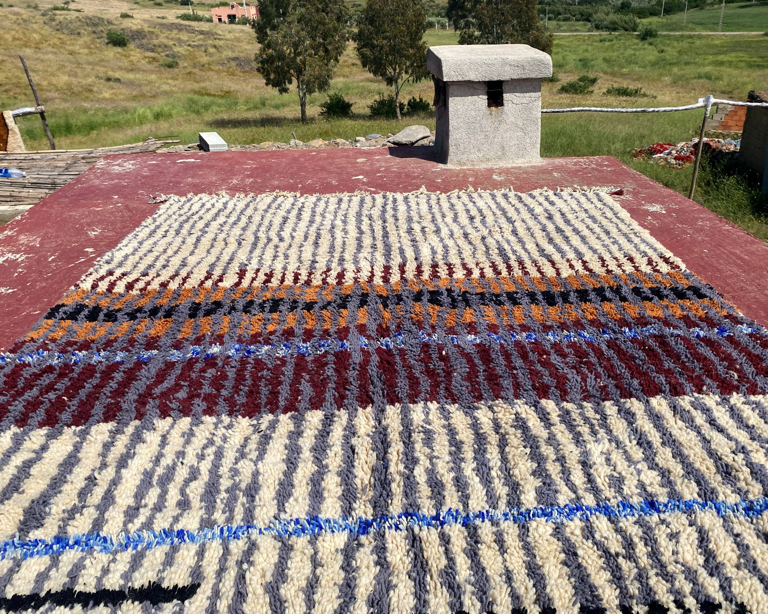 Vintage Moroccan Berber rug with multicoloured stripes – 332 x 244 cm