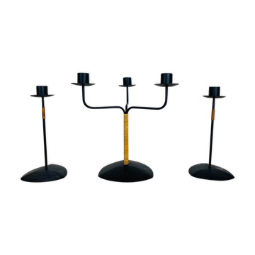 3 bougeoirs scandinave par Laurids Lonborg, métal et osier