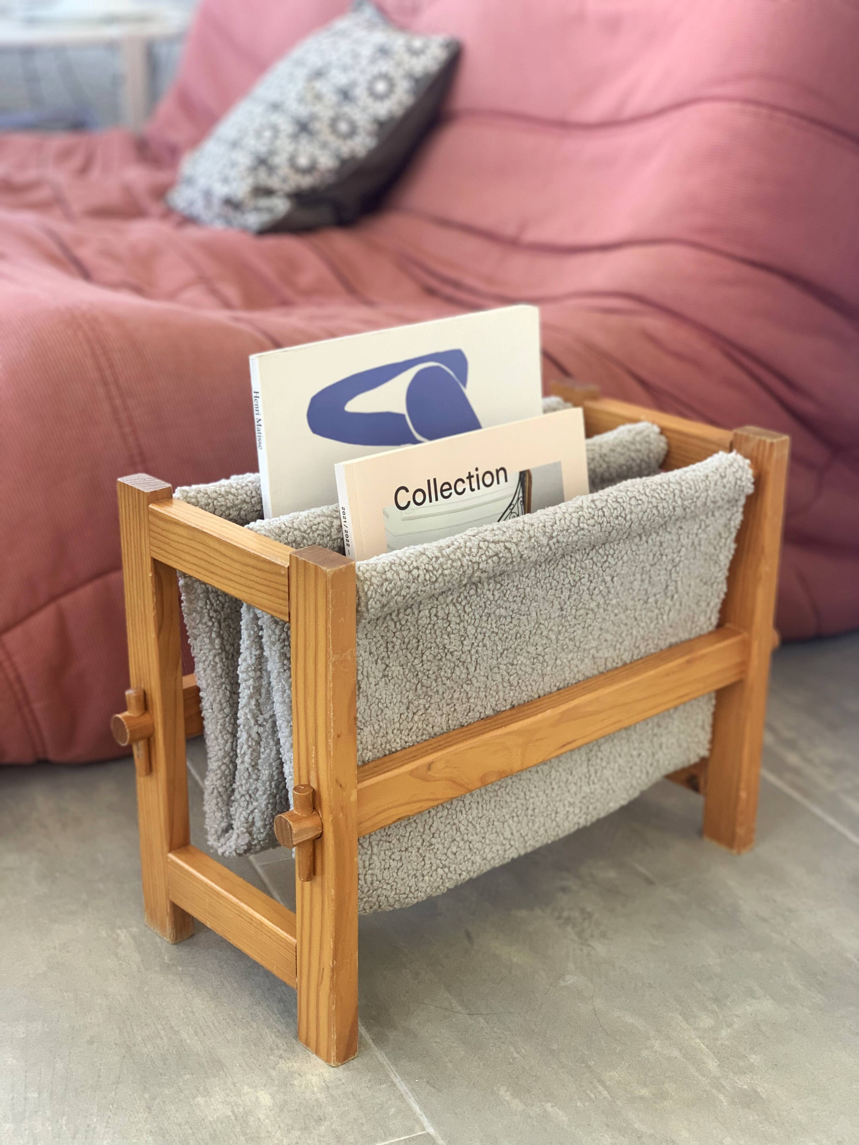 Magazine rack in wood and terry cloth, 1970