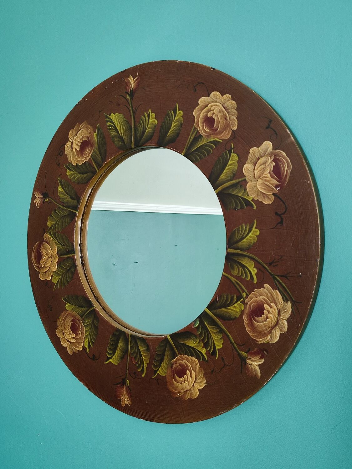 Vintage hand painted wooden round wall mirror