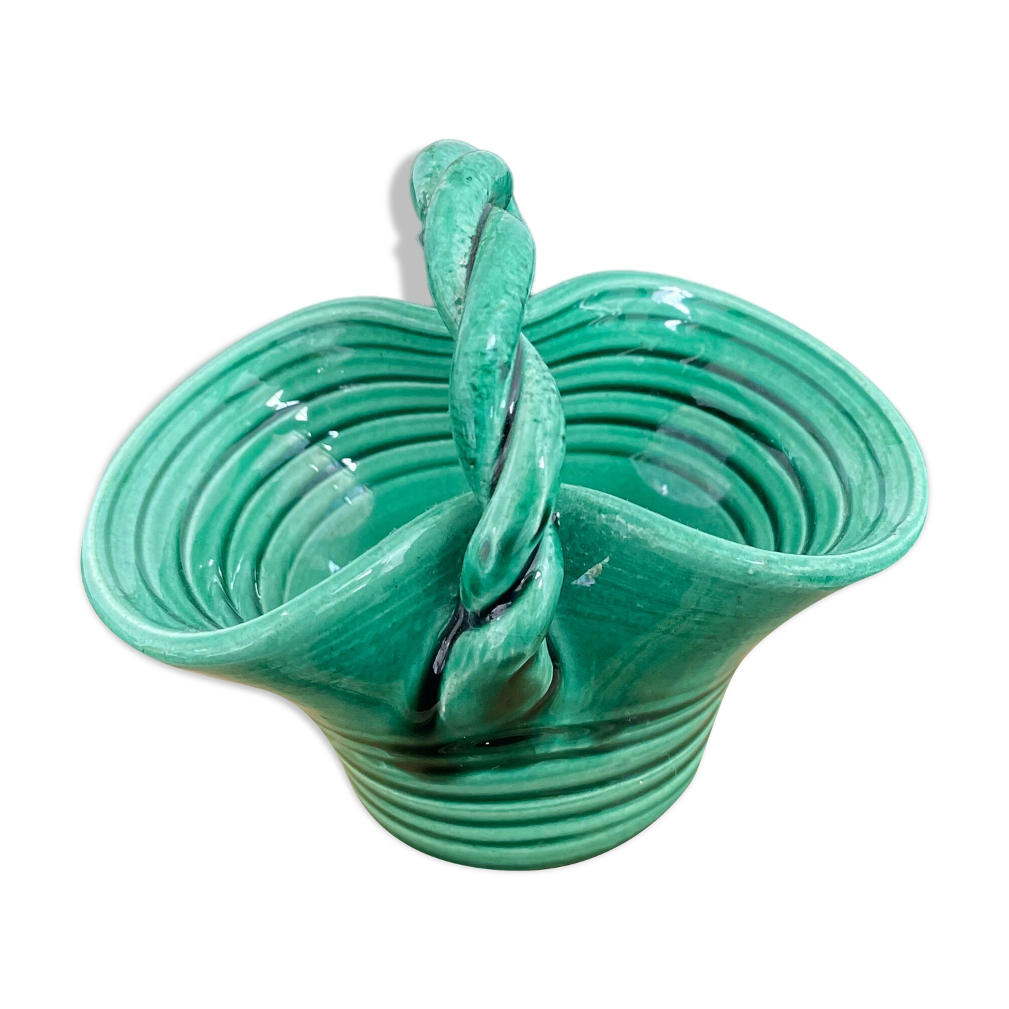 Vintage, woven basket, green, glazed earthenware, grooves, stylized, décor, French decoration, Fran