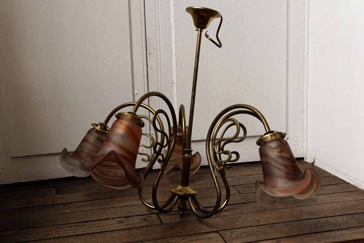 Art Nouveau style chandelier, glass paste, Signed Vianne