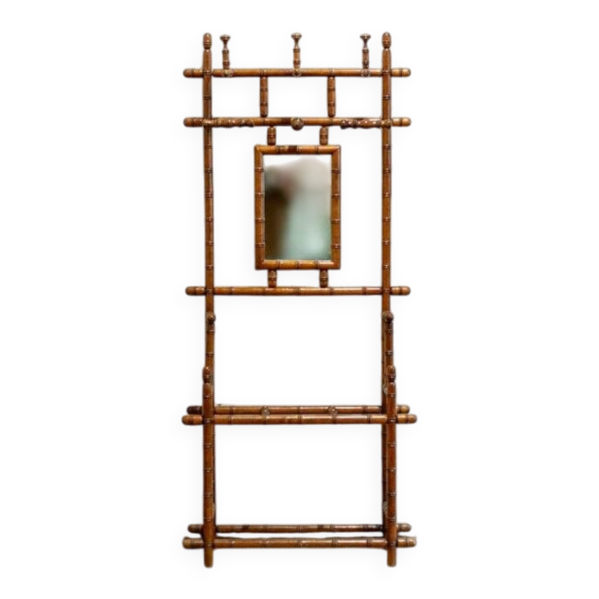 Coat rack with mirror and umbrella stand in faux bamboo, 1950s.