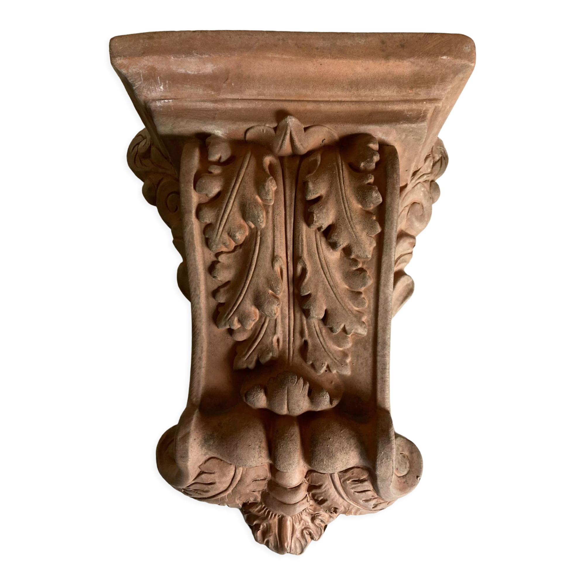 Neo classical console terracotta shelf acanthus leaves